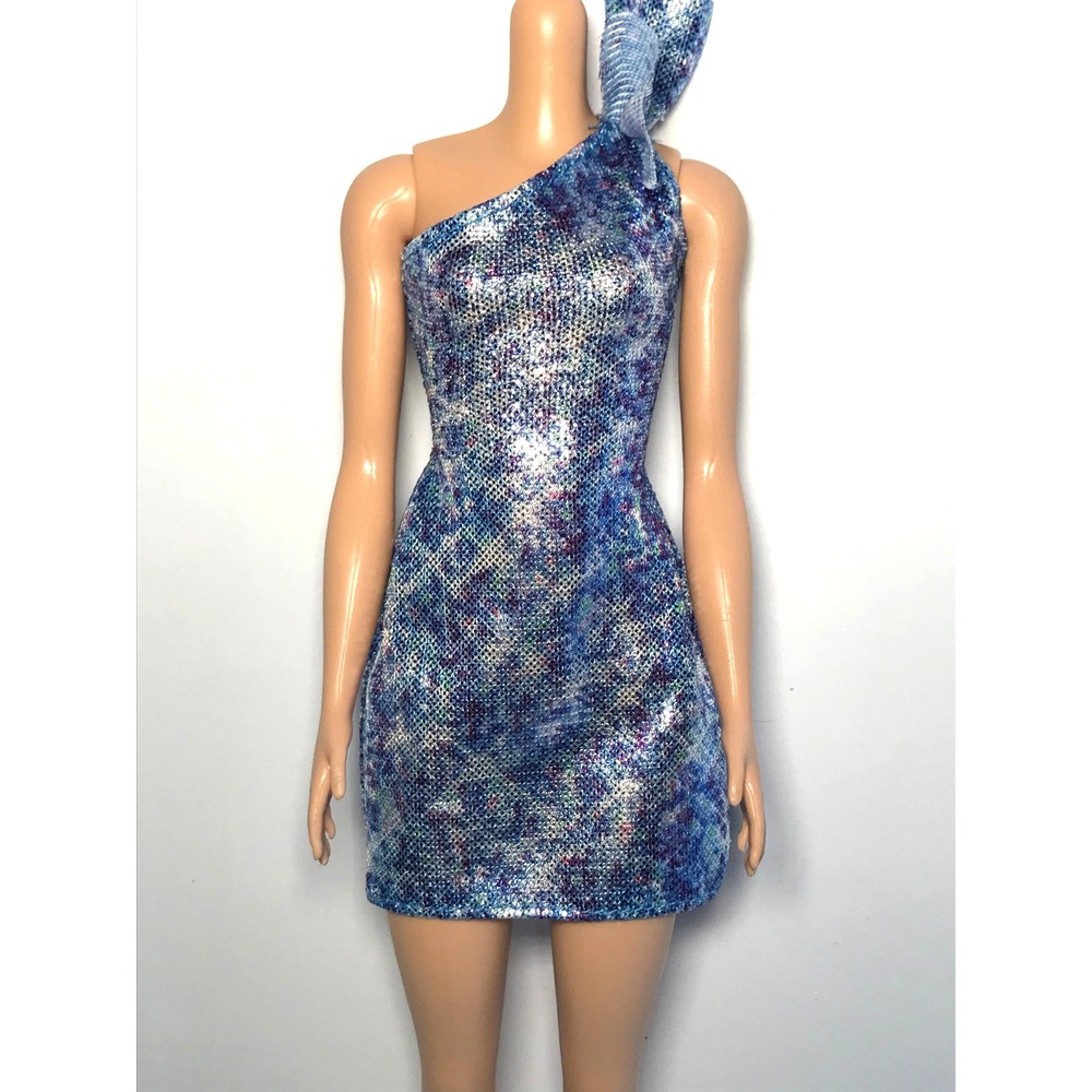 Barbie Doll Clothing 2020 Glitz Blue Shiny Blue Cocktail One Shoulder Dress